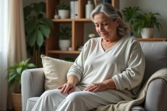 Femme repositionne une housse de canapé dans un salon cosy