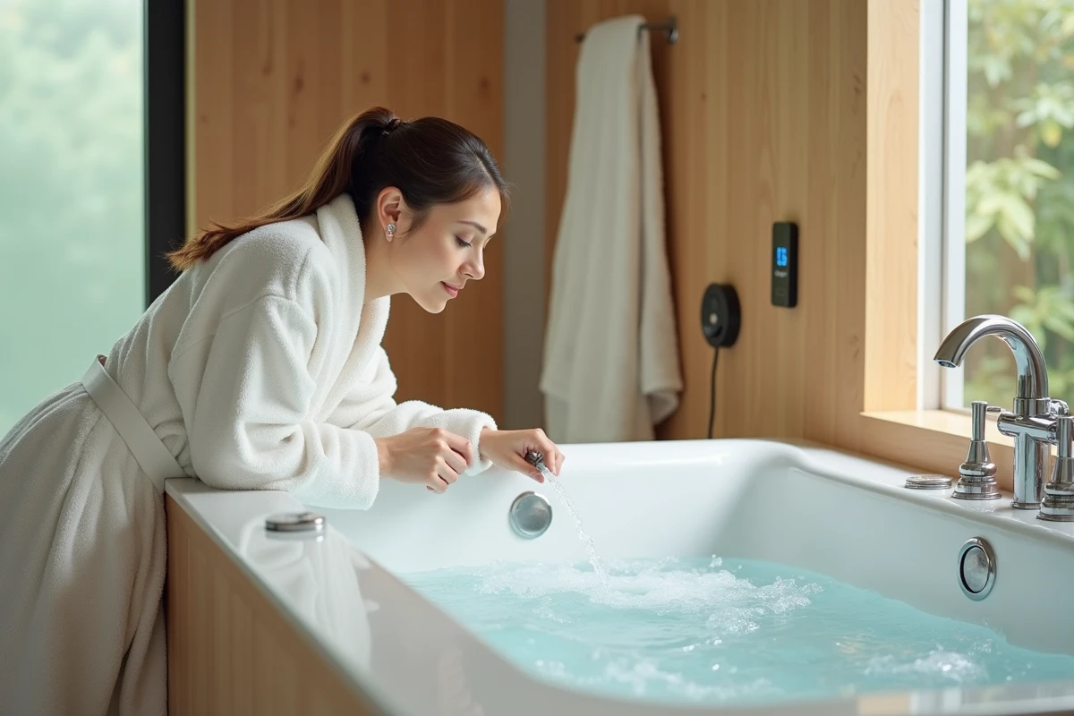 Femme en peignoir ajustant le robinet d'une baignoire balnéo rectangulaire avec affichage de consommation d'eau