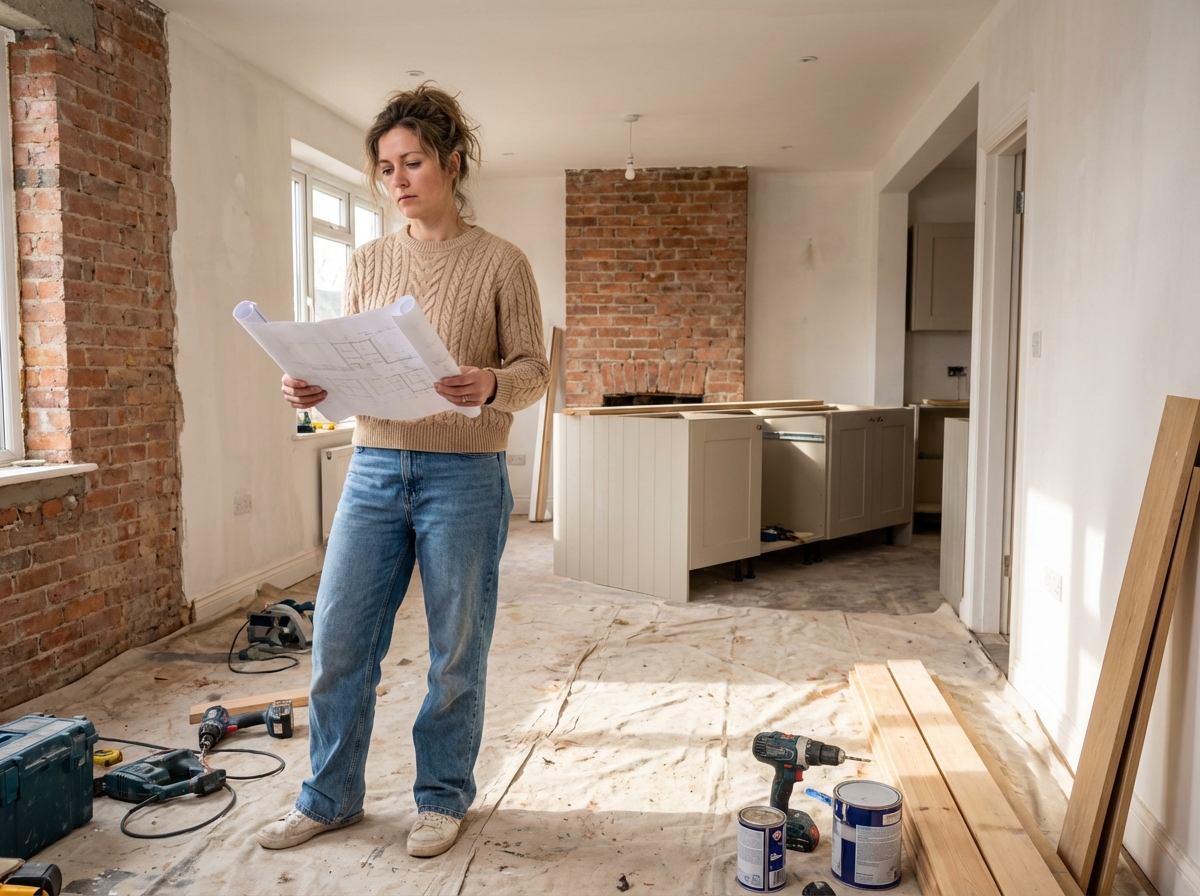 Femme en rénovation tenant des plans architecturaux