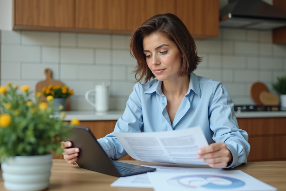 Femme regardant des devis de renovation dans une cuisine moderne