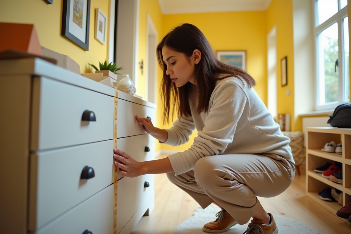 Jeune femme fixant une commode avec du ruban adhésif