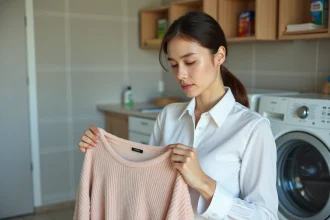 Jeune femme examinant l'étiquette d'un pull pastel