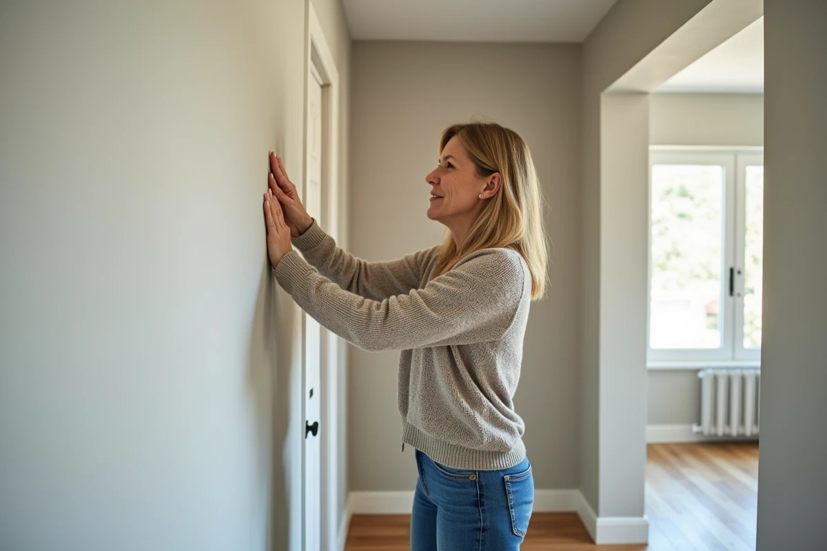 Femme inspectant un mur en platre pour isolation thermique