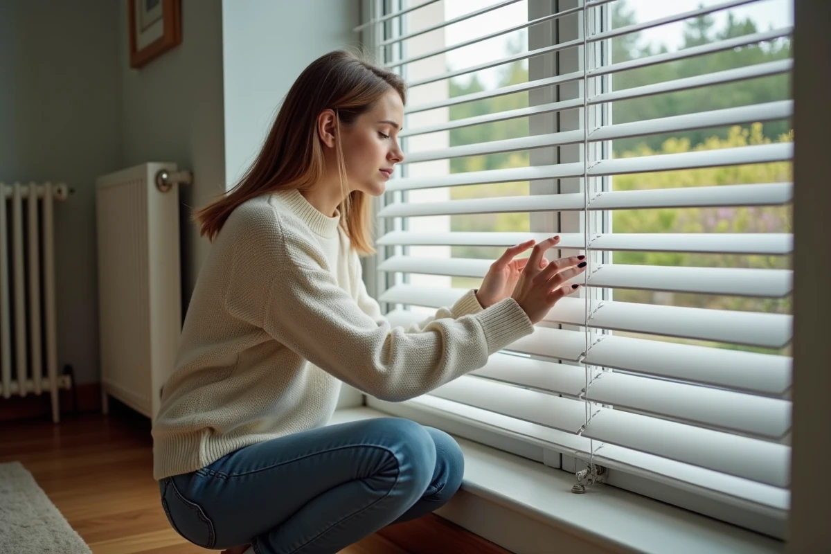 Jeune femme inspecte un volet roulant partiellement fermé dans une pièce lumineuse