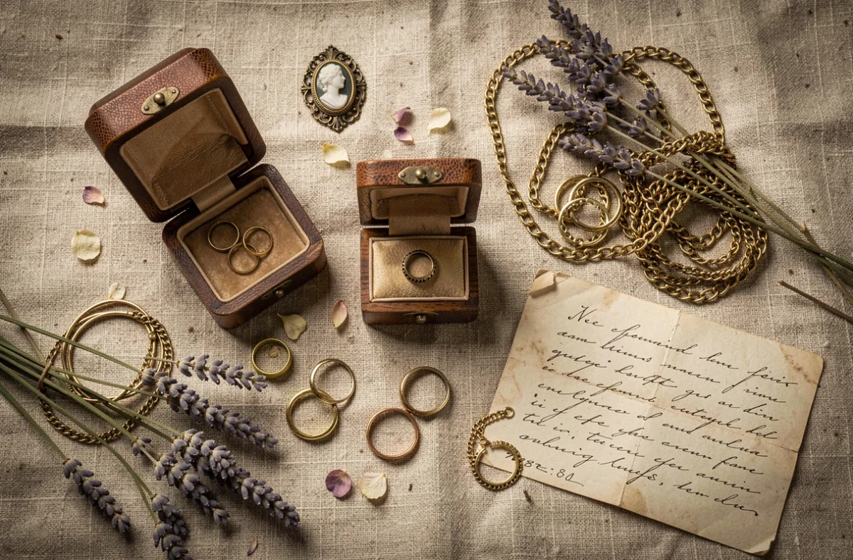 Flat lay de boîtes à bijoux vintage en bois et cuir entourées de bagues anciennes et colliers dorés sur lin froissé
