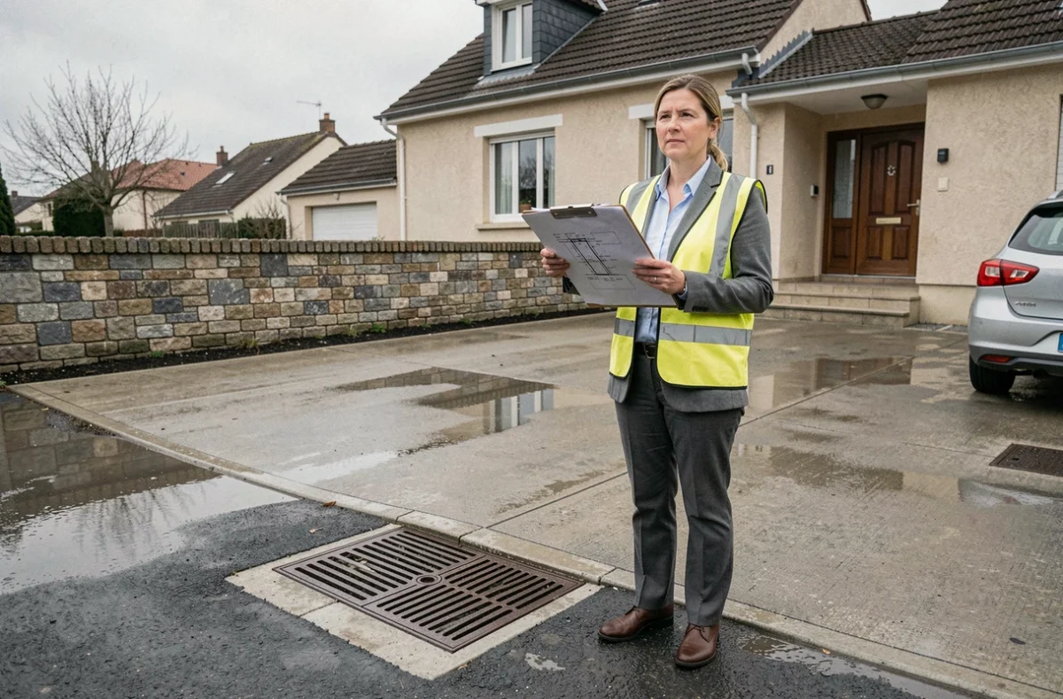 Fonctionnaire municipale vérifiant les plans de drainage pluvial devant une maison individuelle