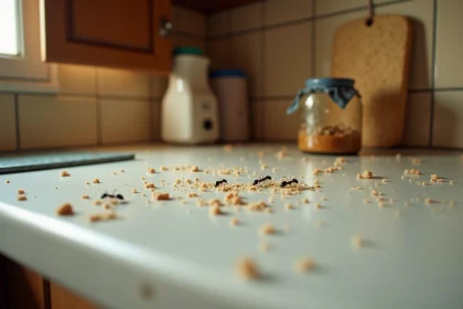 Fourmis envahissant un plan de travail de cuisine avec miettes et pot de confiture ouvert, illustrant les erreurs ménagères qui favorisent l'invasion d'insectes