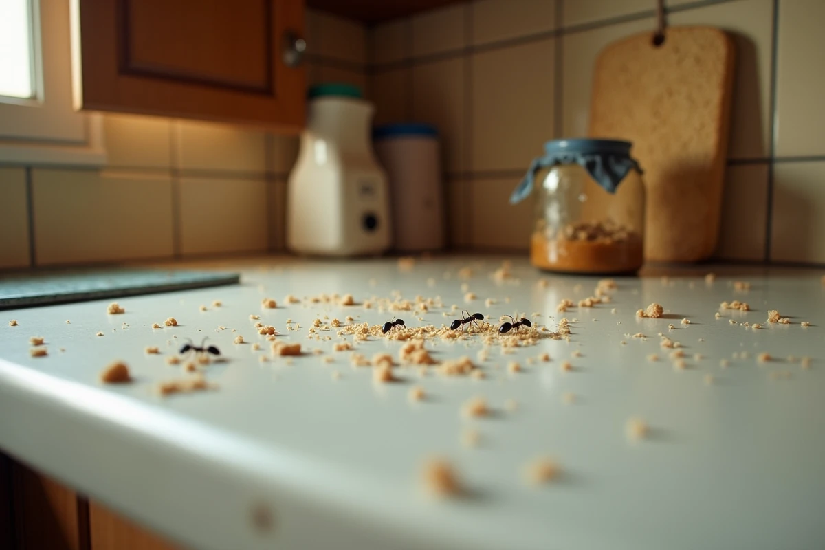 Fourmis envahissant un plan de travail de cuisine avec miettes et pot de confiture ouvert, illustrant les erreurs ménagères qui favorisent l'invasion d'insectes