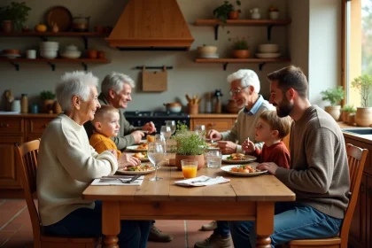 Famille multigénérationnelle réunie autour d'une table en bois pour un repas dominical, illustrant la notion de foyer en sociologie familiale