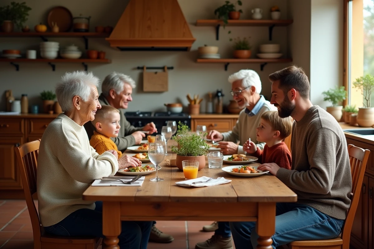 Famille multigénérationnelle réunie autour d'une table en bois pour un repas dominical, illustrant la notion de foyer en sociologie familiale