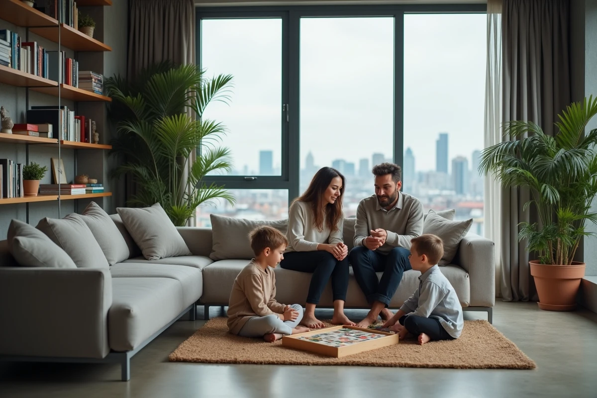 Famille recomposée dans un appartement urbain moderne, représentant la diversité des formes de foyers contemporains en sociologie