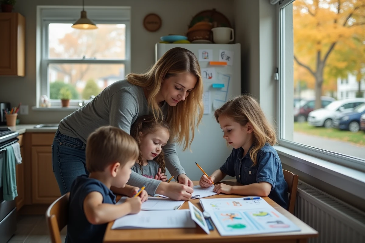 Mère monoparentale aidant ses enfants à faire leurs devoirs à la maison, illustrant la diversité des structures de foyers en sociologie familiale