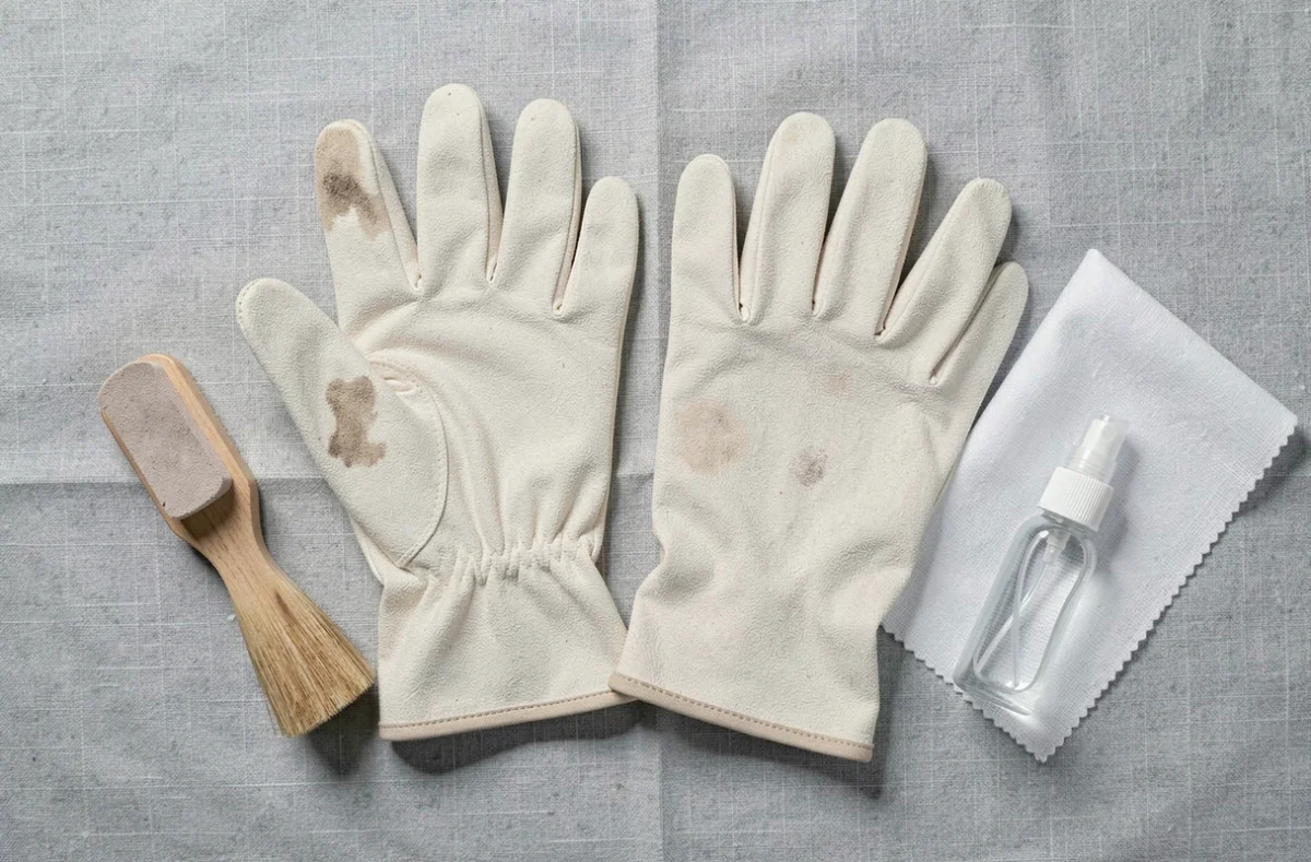 Vue de dessus de gants en daim ivoire tachés avec des accessoires de nettoyage pour daim clair disposés autour