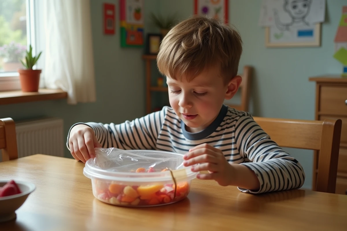Garçon de 10 ans place du film plastique sur un récipient de fruits