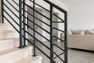 Garde-corps intérieur en tube carré fer noir mat sur escalier en chêne contemporain