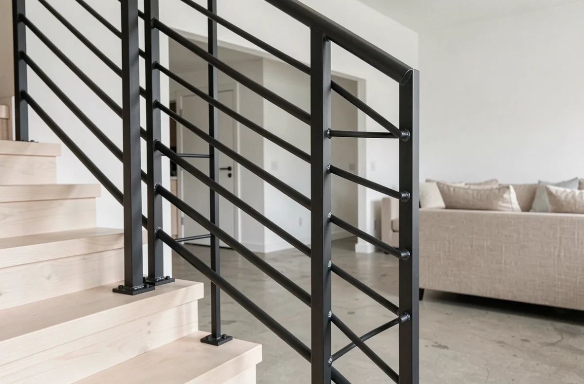 Garde-corps intérieur en tube carré fer noir mat sur escalier en chêne contemporain
