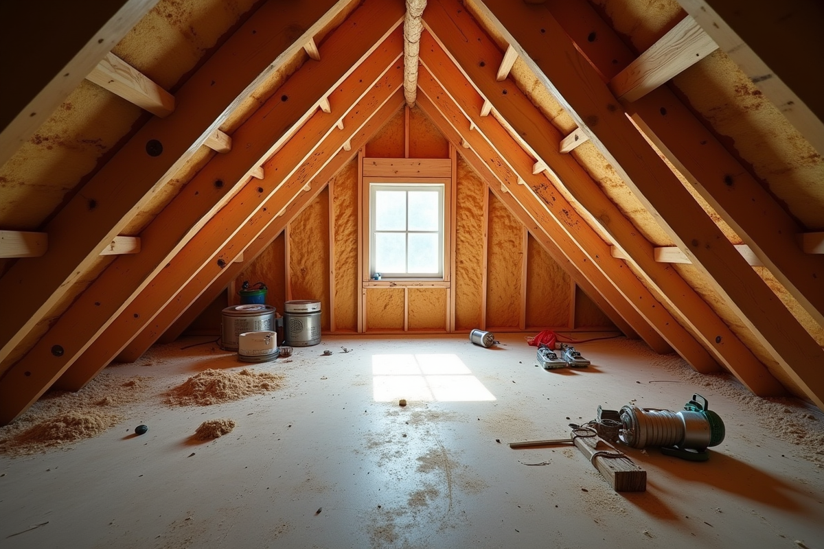 Grenier en cours de rénovation avec outils et isolation