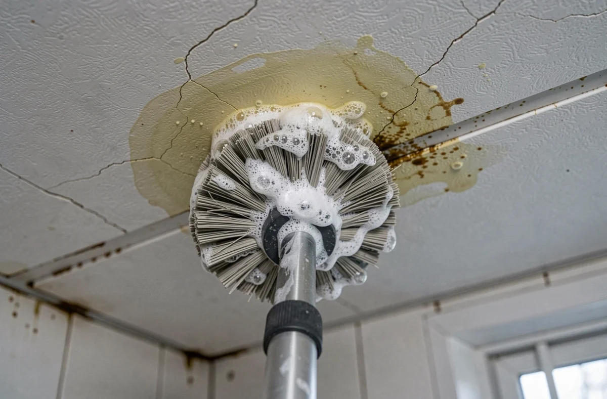 Gros plan d'une tête de balai plafond en train de nettoyer une tache tenace sur un plafond texturé avec de la mousse de nettoyage