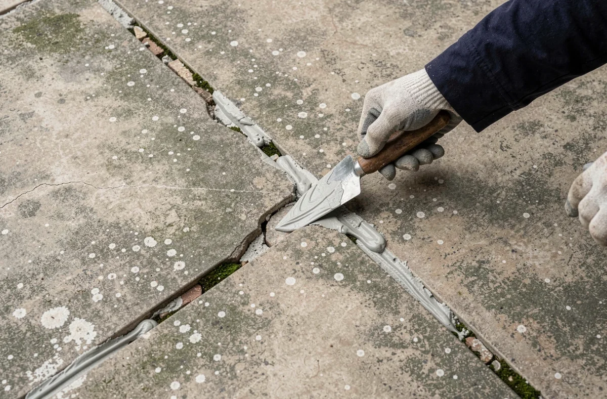 Gros plan sur des joints de carrelage extérieur fissurés en cours de rénovation avec application de nouveau mortier de jointoiement