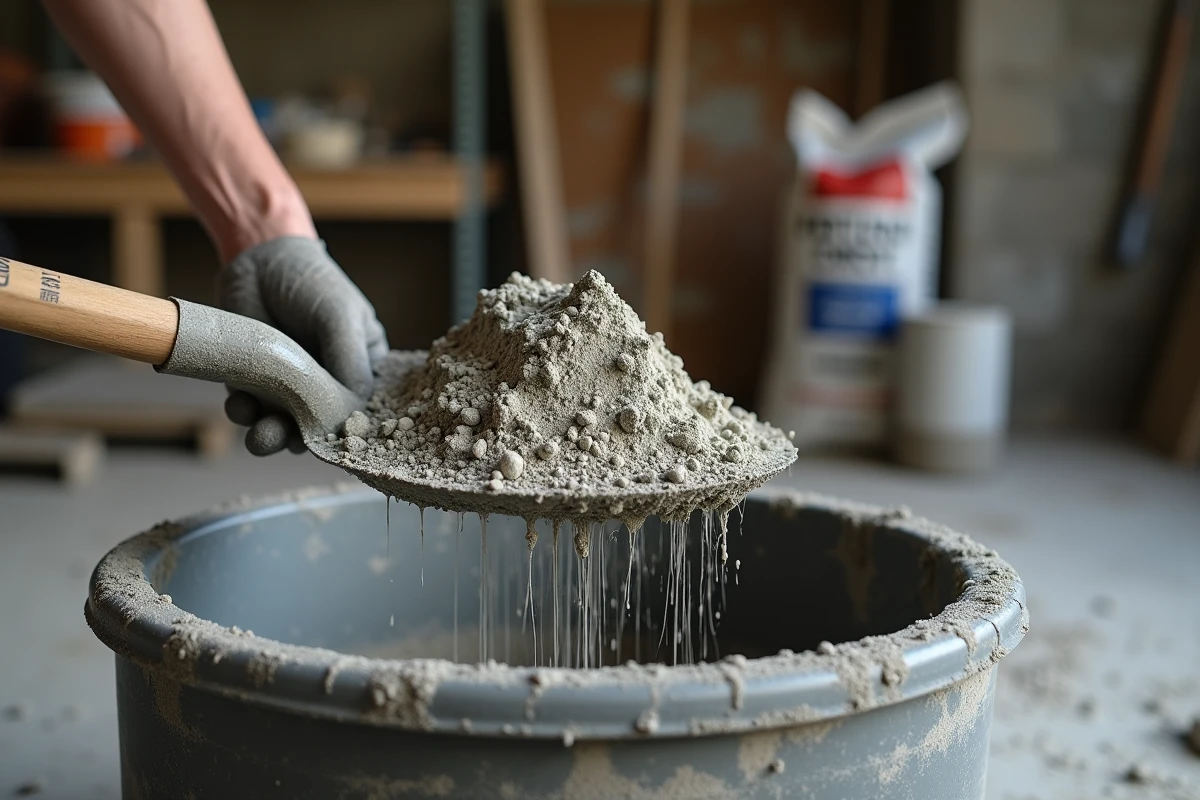 Gros plan sur une pelle chargée de béton dosé au-dessus d'un bac de gâchage en atelier