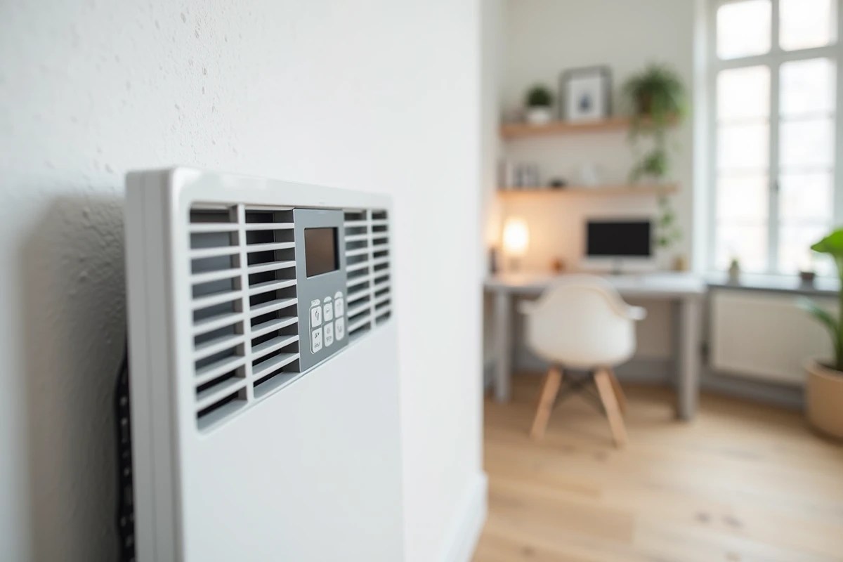 Gros plan sur le panneau de commande numérique d'un radiateur électrique mural dans un bureau à domicile
