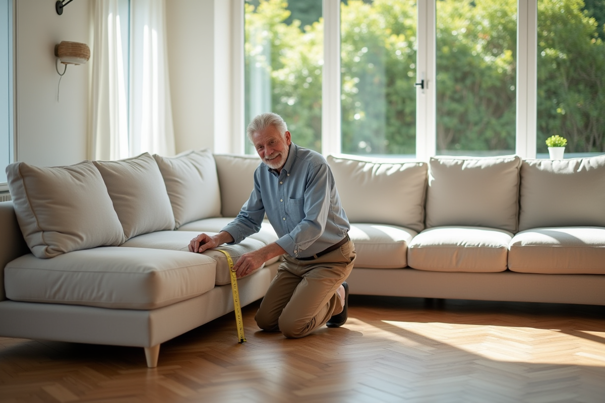 Homme âgé mesurant un grand canapé dans un salon lumineux