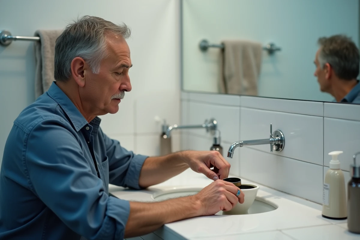 Homme nettoyant un anneau en argent dans la salle de bain