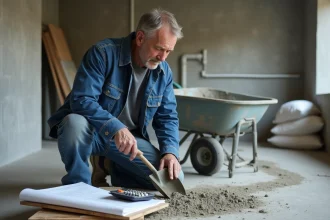 Homme en tenue de chantier mélangeant du ciment sur un sol en rénovation