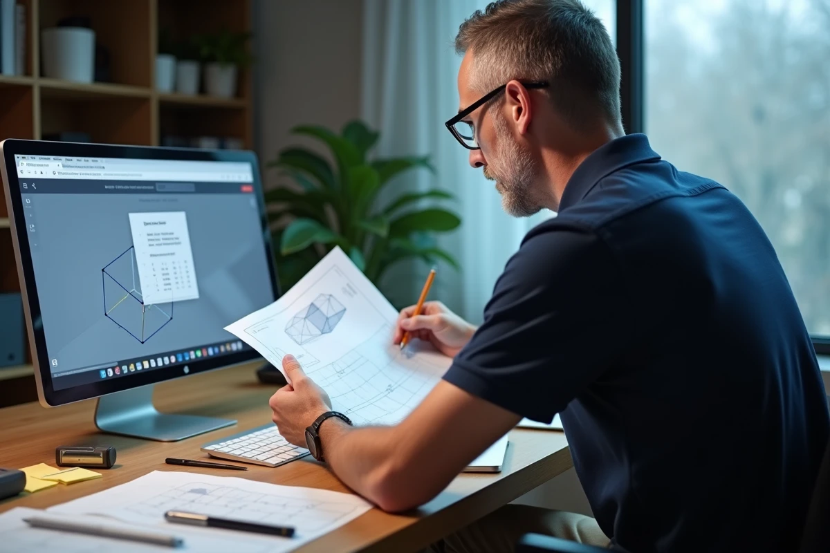 Homme calculant un mètre cube à son bureau avec des plans techniques et une calculatrice en ligne