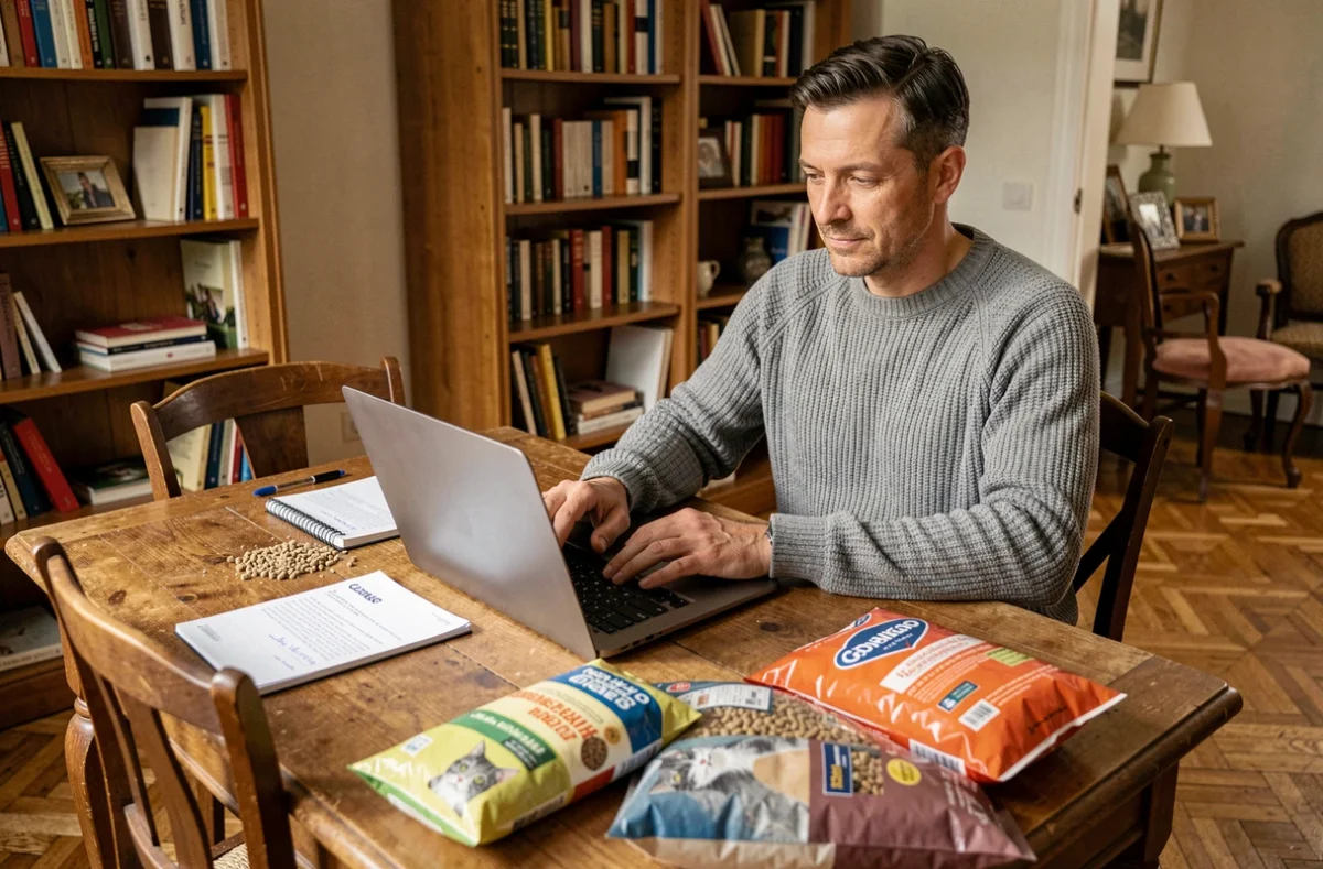Homme comparant des marques de granules pour chat sur internet à son domicile avec plusieurs produits sur la table