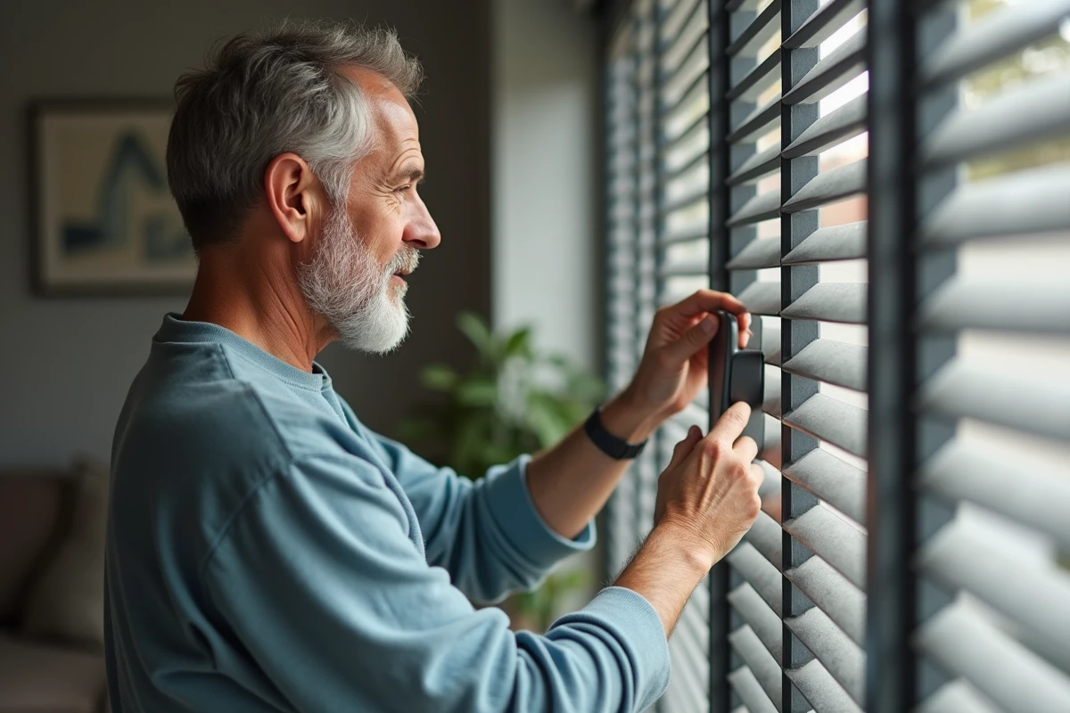 Homme d'âge moyen examine un panneau de contrôle de volet électrique dans un salon moderne