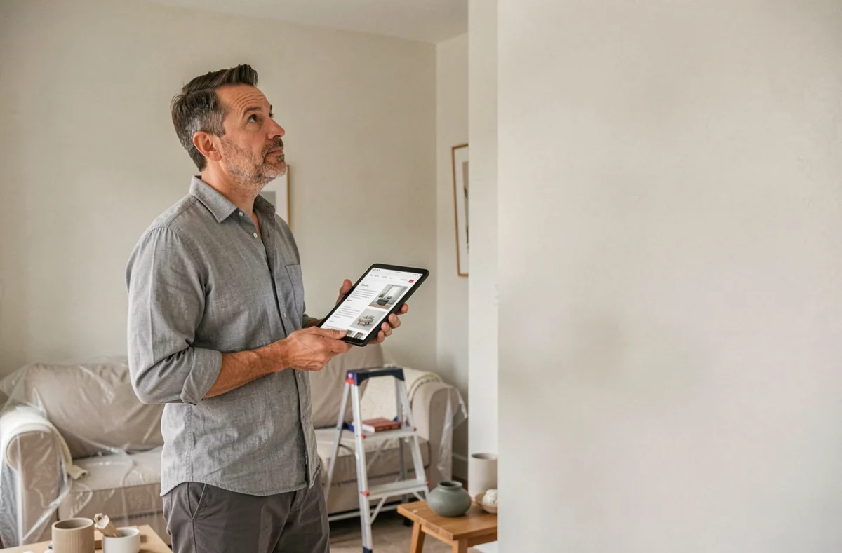Homme consultant machaumiere.fr sur tablette pour décider de la décoration murale de son salon en cours d'aménagement