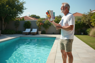 Homme d'âge moyen près de la piscine avec échantillons de couleur