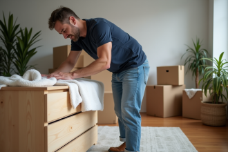 Homme emballant un meuble en bois dans un salon moderne