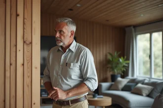 Homme d'âge moyen inspectant un mur en bois inachevé