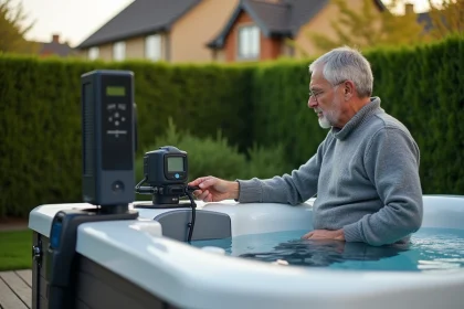 Homme d'&acirc;ge moyen examine un compteur &eacute;lectrique pr&egrave;s d'un jacuzzi