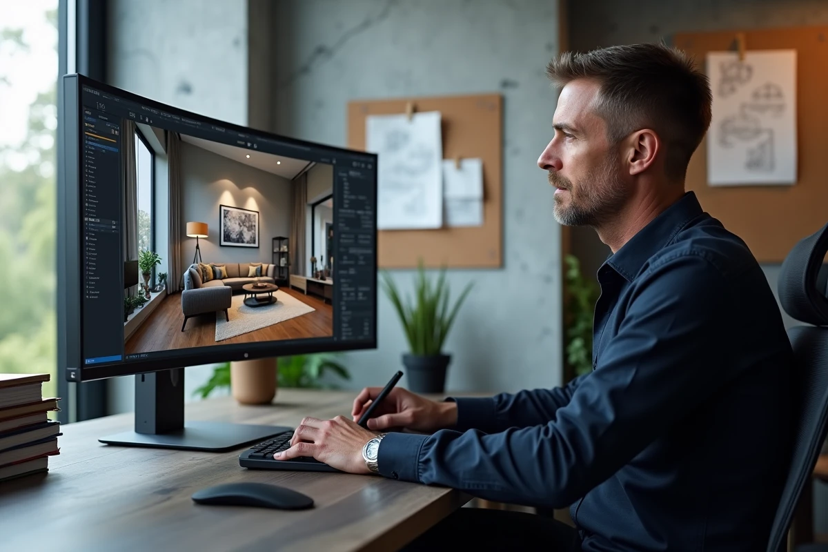 Homme utilisant un logiciel 3D payant de décoration intérieure sur ordinateur de bureau professionnel