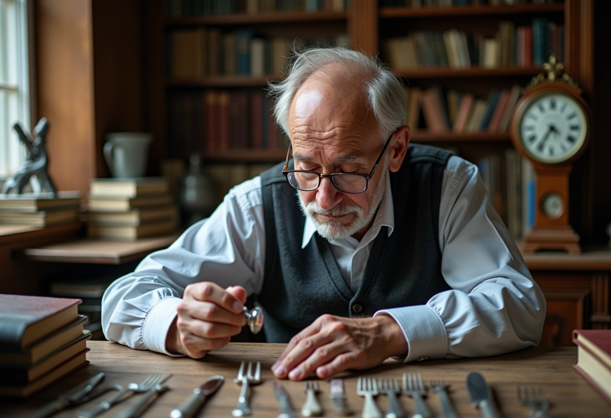 Homme examinant un couvert ancien avec une loupe