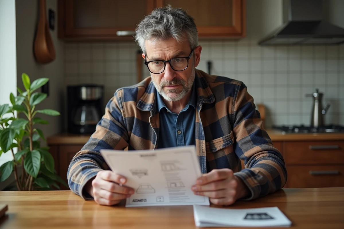 Homme lisant le manuel d'un radiateur électrique compact sur une table de cuisine