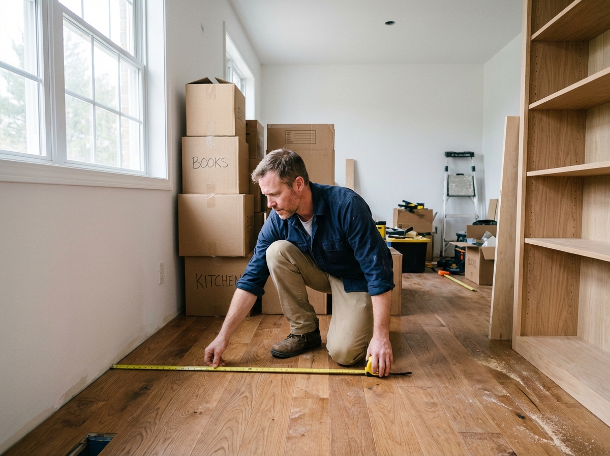 Homme mesurant un espace dans une pièce en transformation