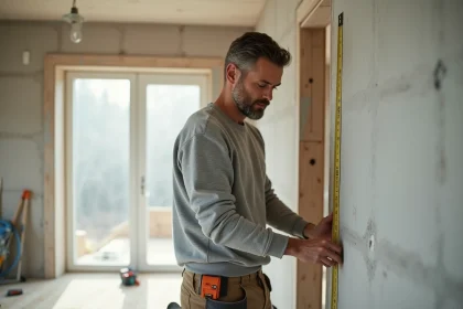 Homme en concentration mesurant une cloison en pl&acirc;tre