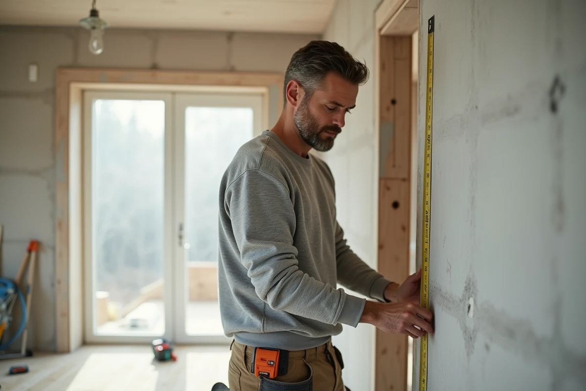 Homme en concentration mesurant une cloison en plâtre