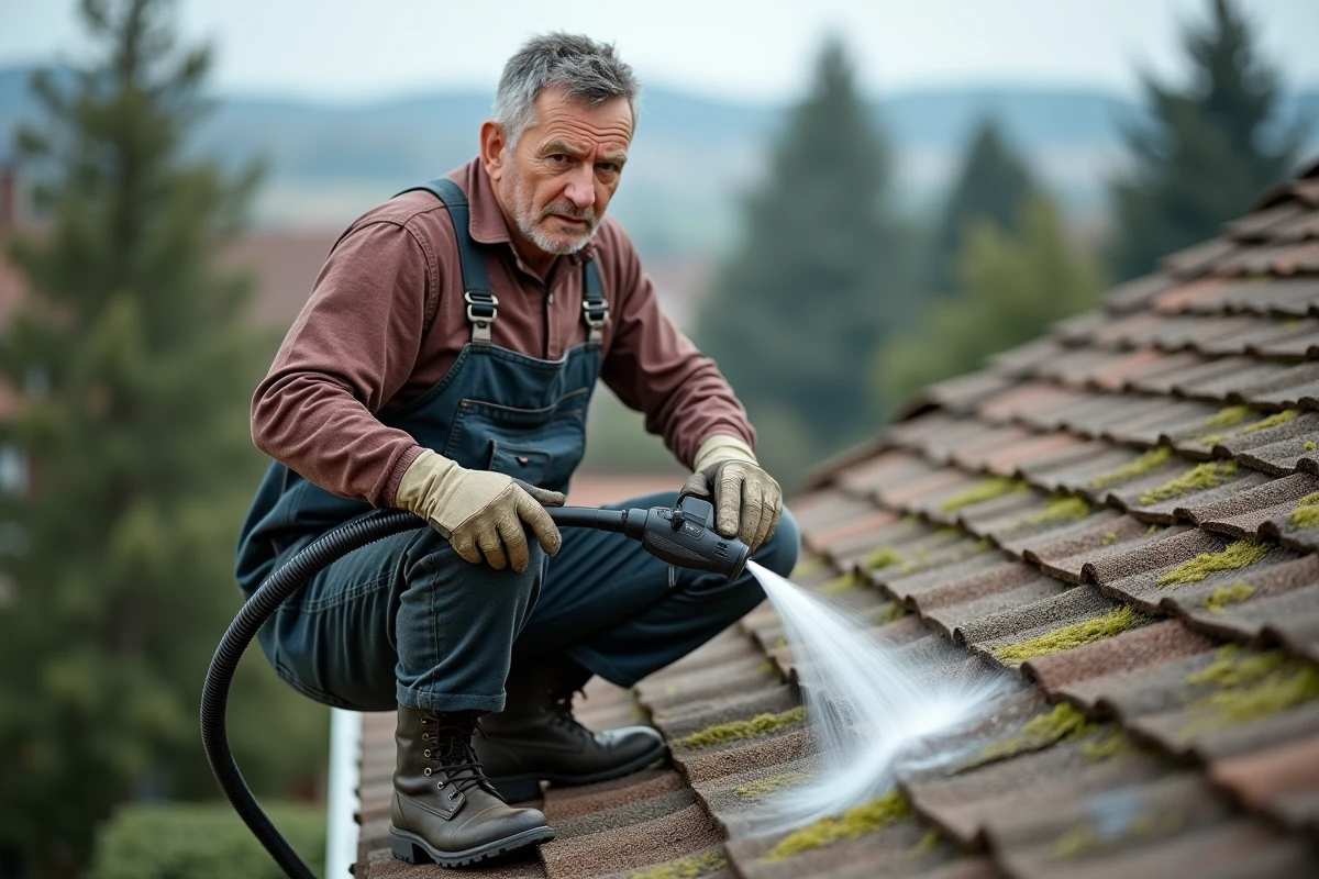 Homme en overalls nettoyant un toit avec un nettoyeur à pression