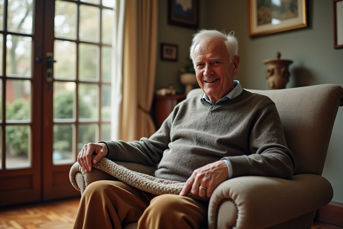 Homme &acirc;g&eacute; ajuste une couverture sur un canap&eacute; dans un int&eacute;rieur chaleureux