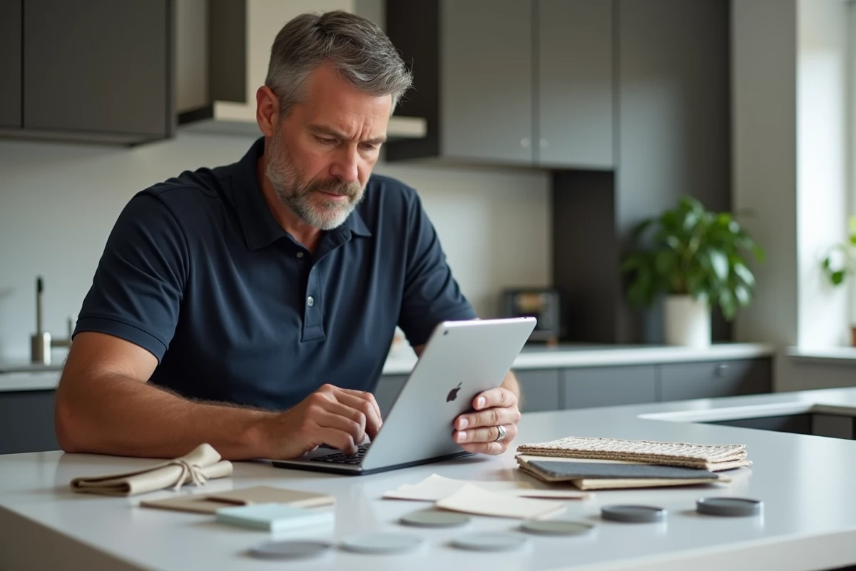 Homme planifiant son projet de rénovation intérieure avec une application 3D sur tablette