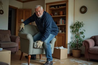 Homme en vêtements pratiques soulevant un fauteuil ancien dans un salon