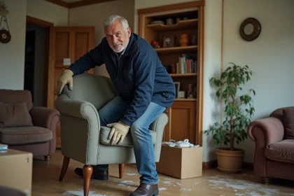 Homme en v&ecirc;tements pratiques soulevant un fauteuil ancien dans un salon
