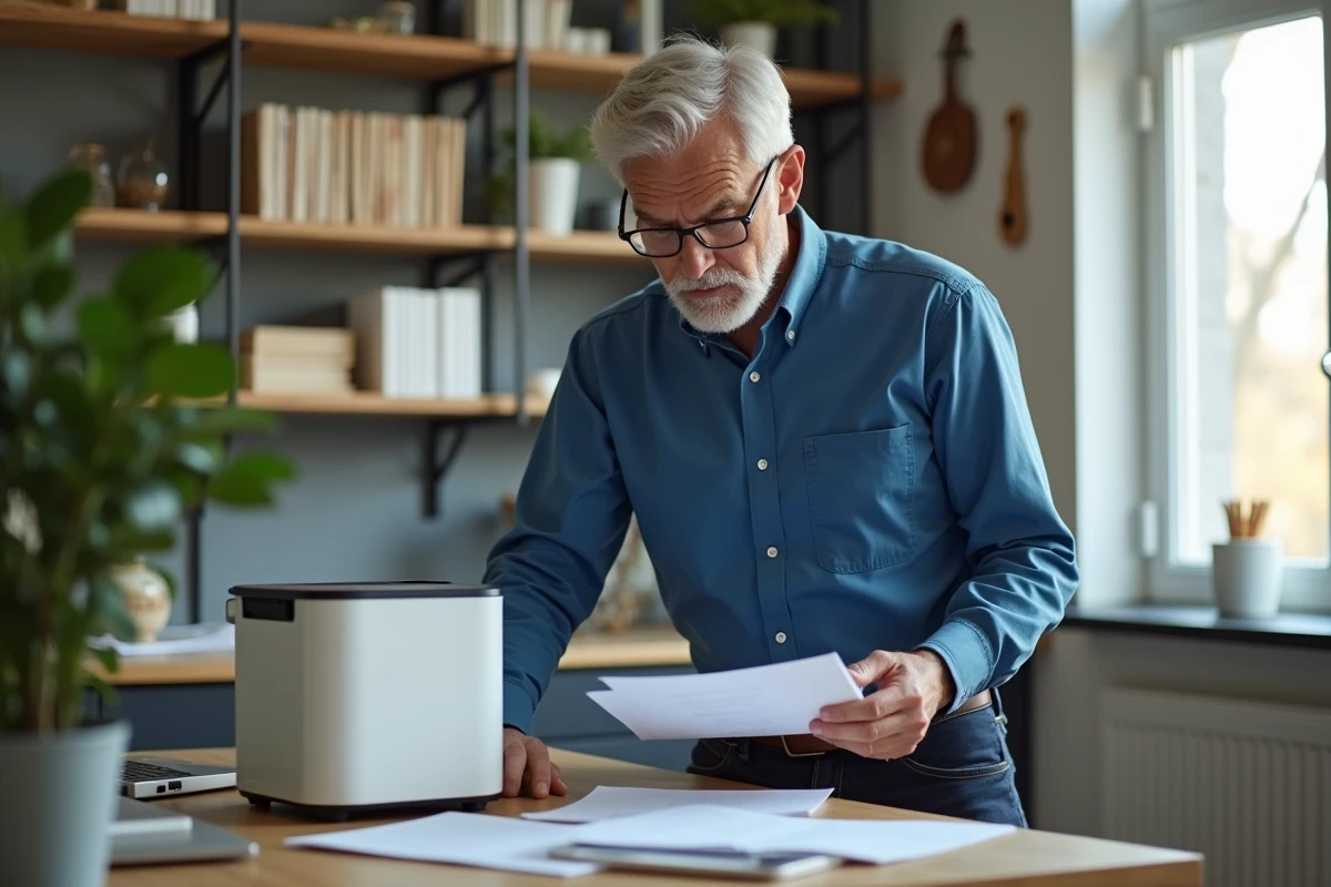 Homme vérifiant un appareil électroménager dans un bureau à domicile