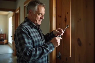 Homme d'âge moyen examine une vis sur une porte en bois