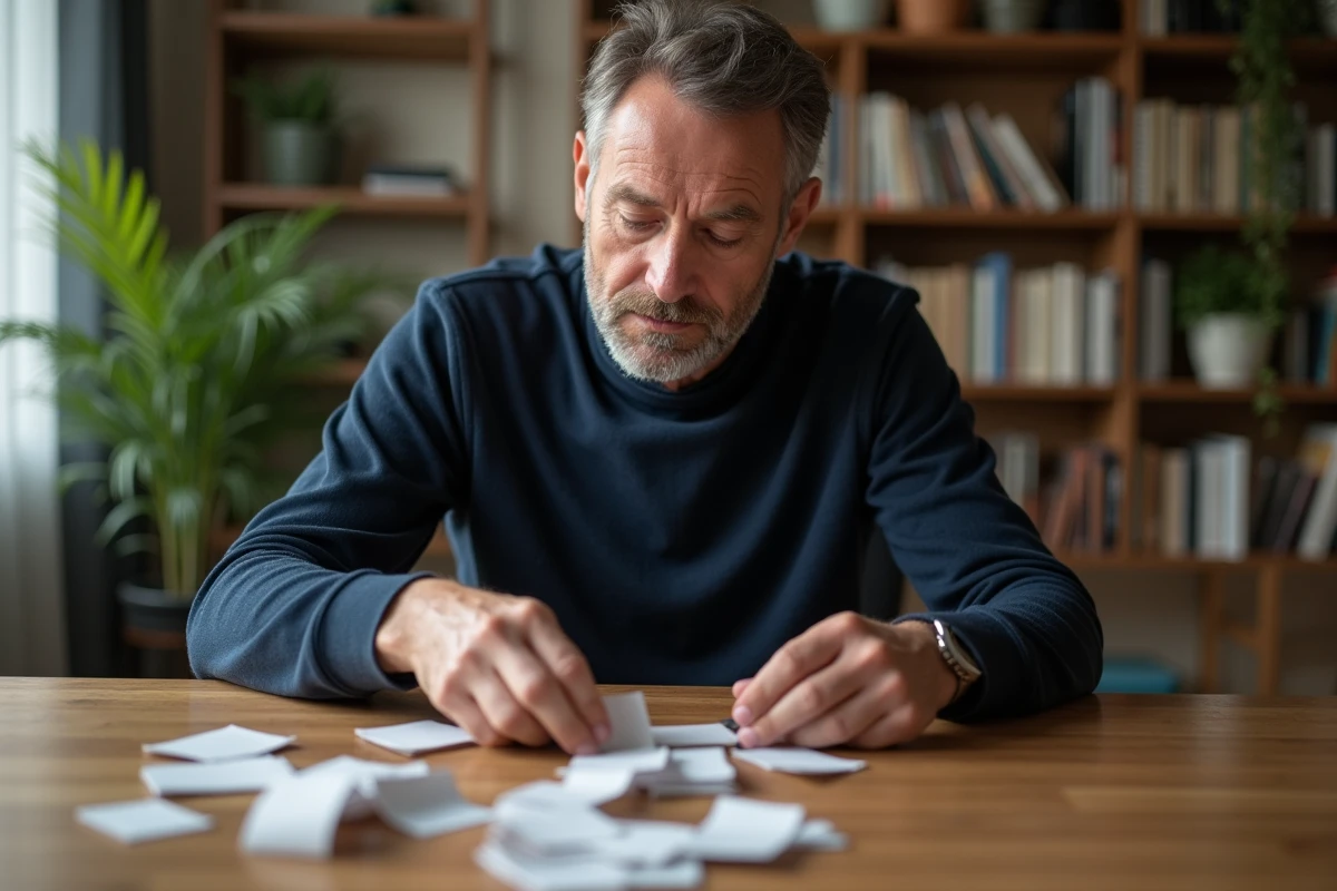 Homme triant des &eacute;tiquettes de v&ecirc;tements sur une table